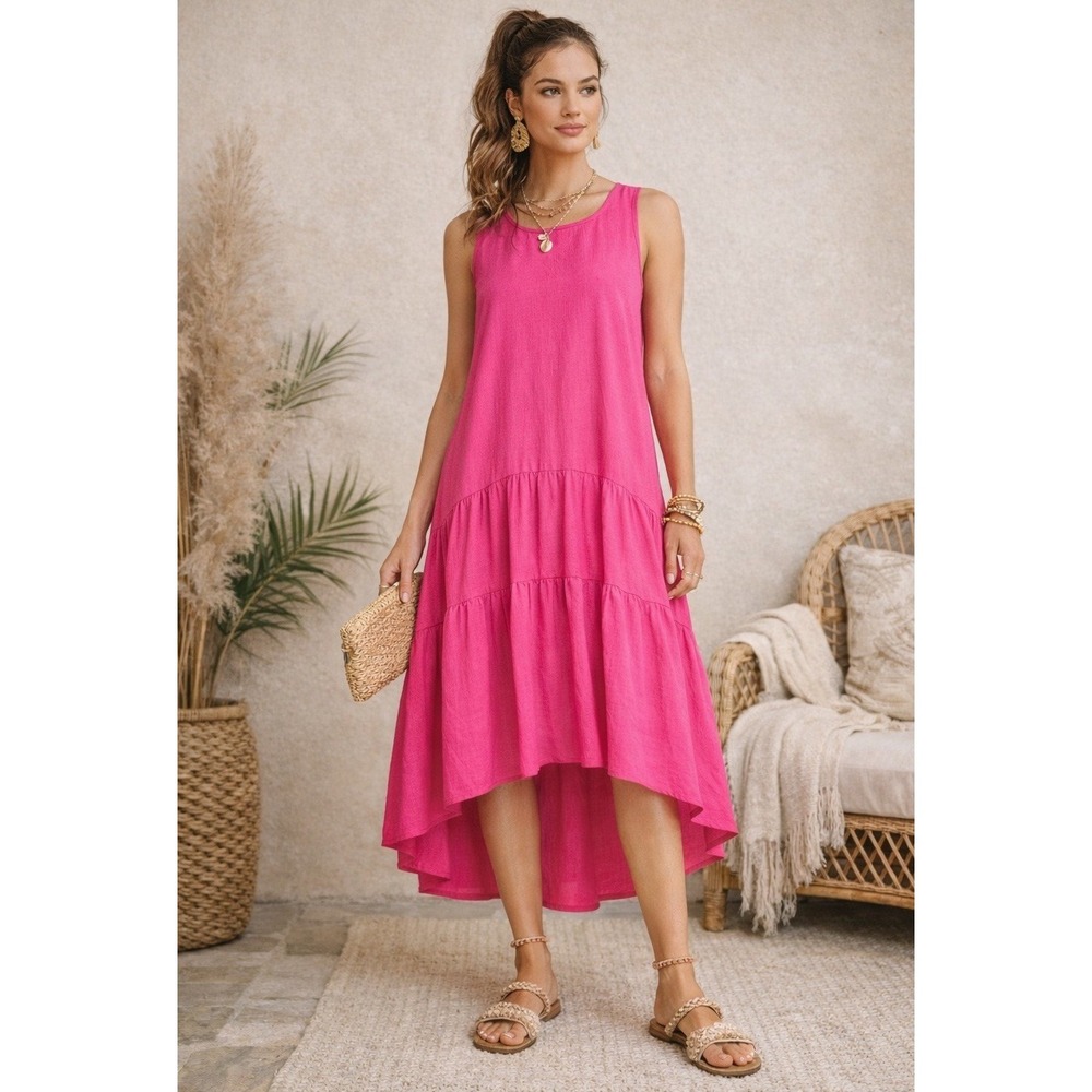 Maeve Anthropologie Pink Sleeveless High Low Tiered Midi Maxi Dress XL Lagenlook